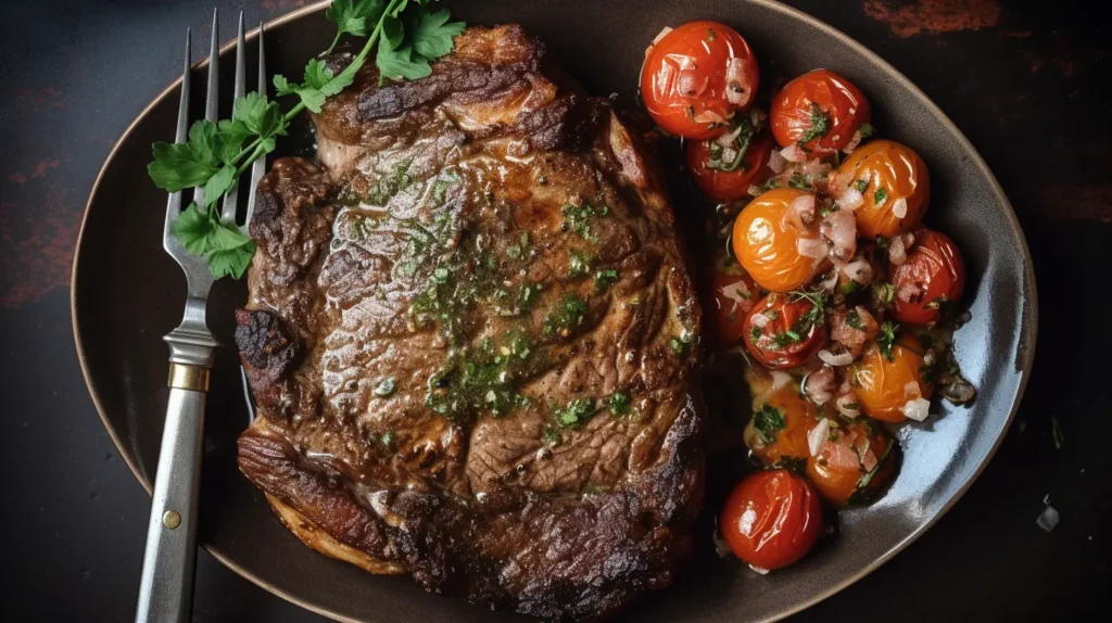 Steak with tomatoes and smashed potatoes