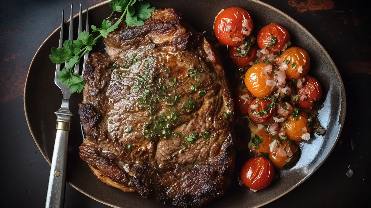 Steak with tomatoes and smashed potatoes