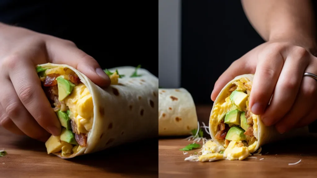 Breakfast burrito being assembled with eggs, potatoes