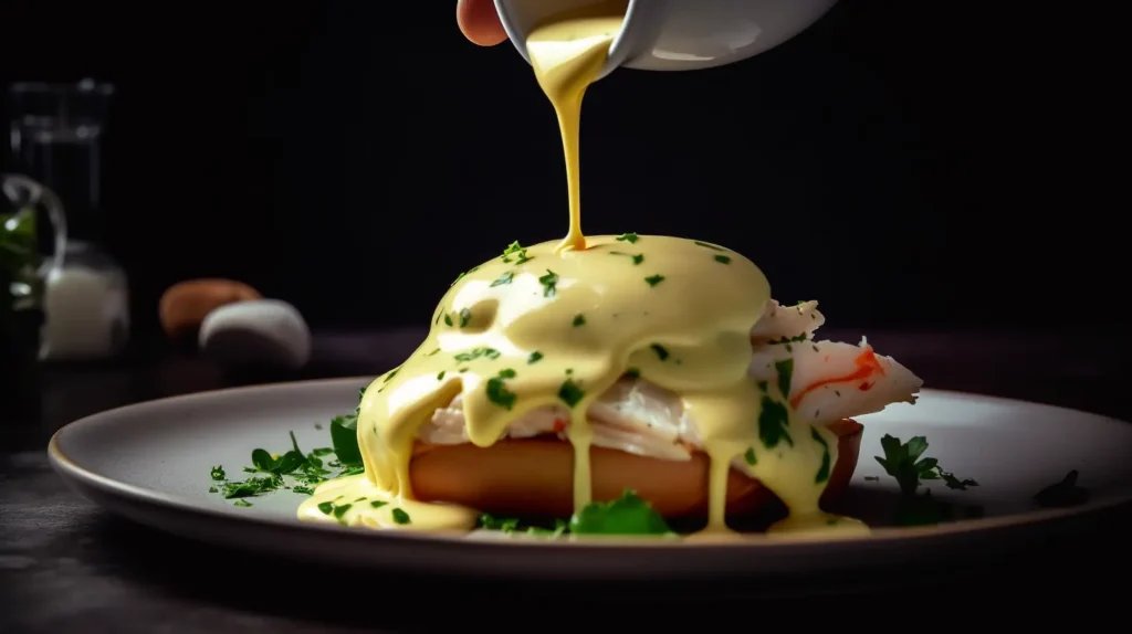 A close-up of hollandaise sauce being drizzled over Eggs Benedict with Crab