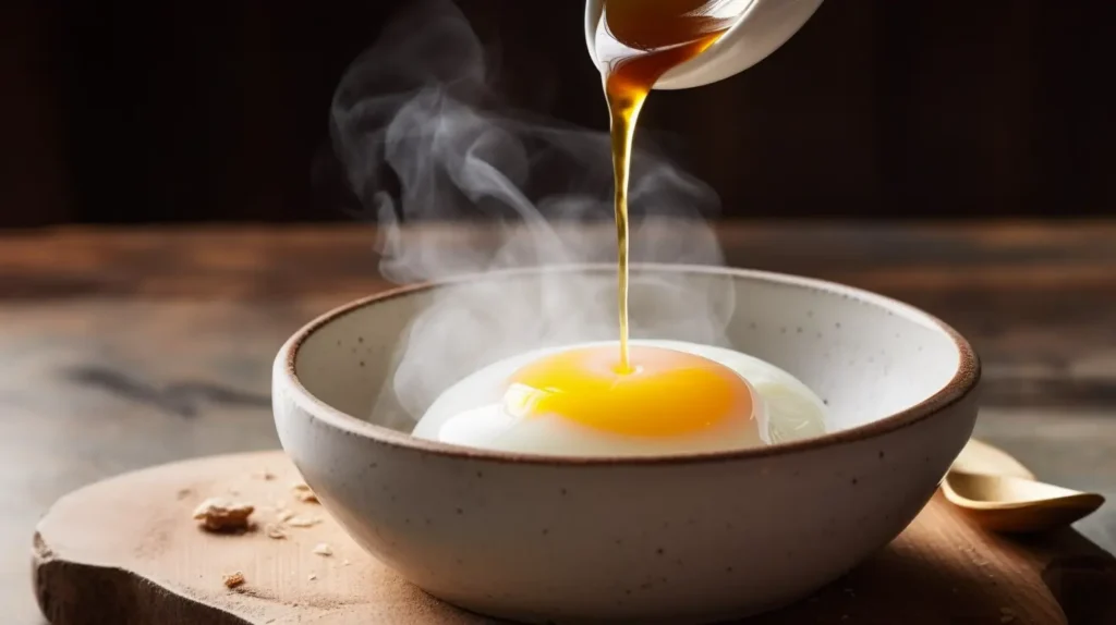  A perfectly poached egg being lifted from hot water with a slotted spoon