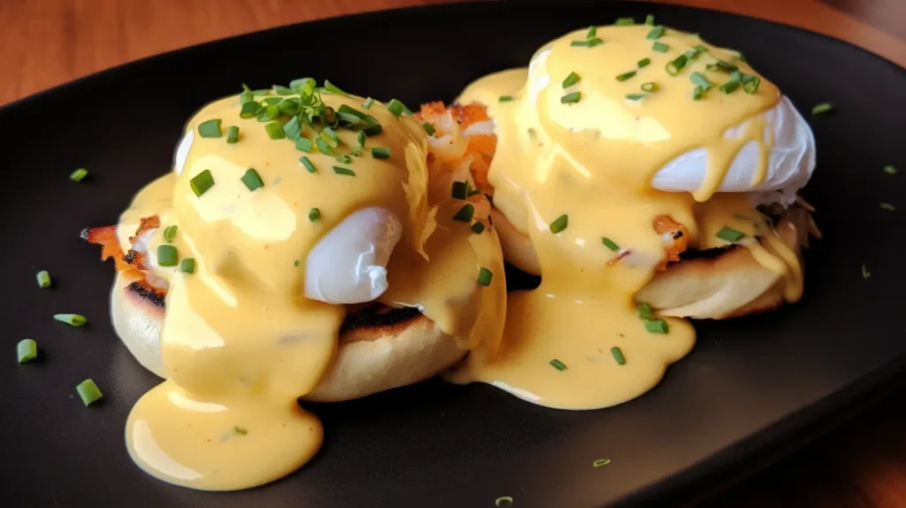 A close-up of hollandaise sauce being drizzled over Eggs Benedict with Crab.