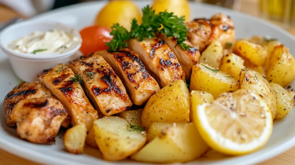 Greek-style lemon chicken and crispy roasted potatoes in a rustic pan
