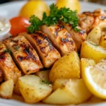 Greek-style lemon chicken and crispy roasted potatoes in a rustic pan